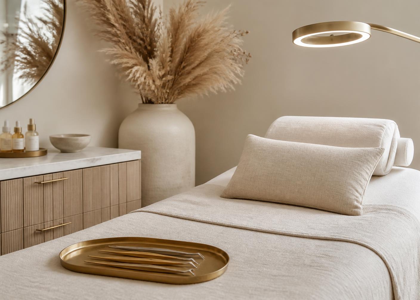 Behandlungsplatz im Studio in warmen Beige- und Cremetönen